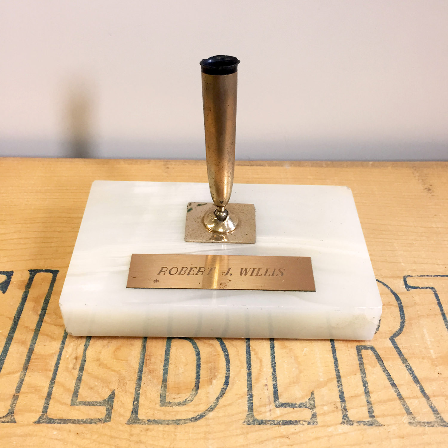 Vintage Marble Pen Stand 3×5 with name plaque Robert J. Willis